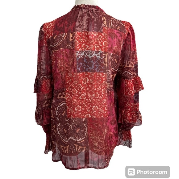 Frye and Co Patchwork Floral Combo Long Ruffled Sleeve Blouse Top Size Small - Picture 4 of 8